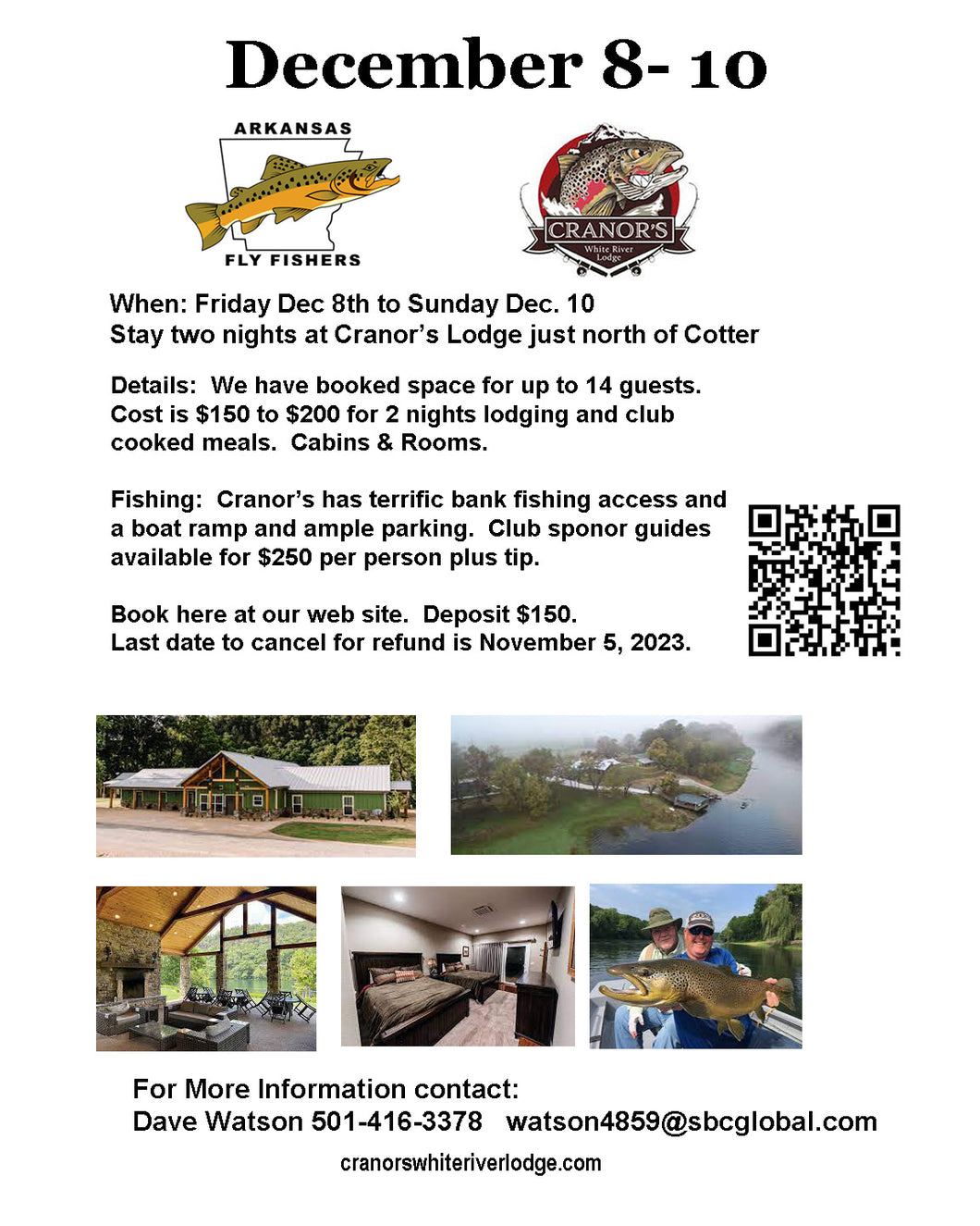 Deposit for AFF’s December 8-10, 2023 White River Trip to Cranor’s Lodge